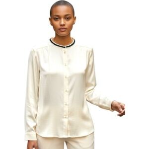 Cream Satin Button Up Shirt Sz 8 Classic Long Sleeve Black Embroidery Minimalist